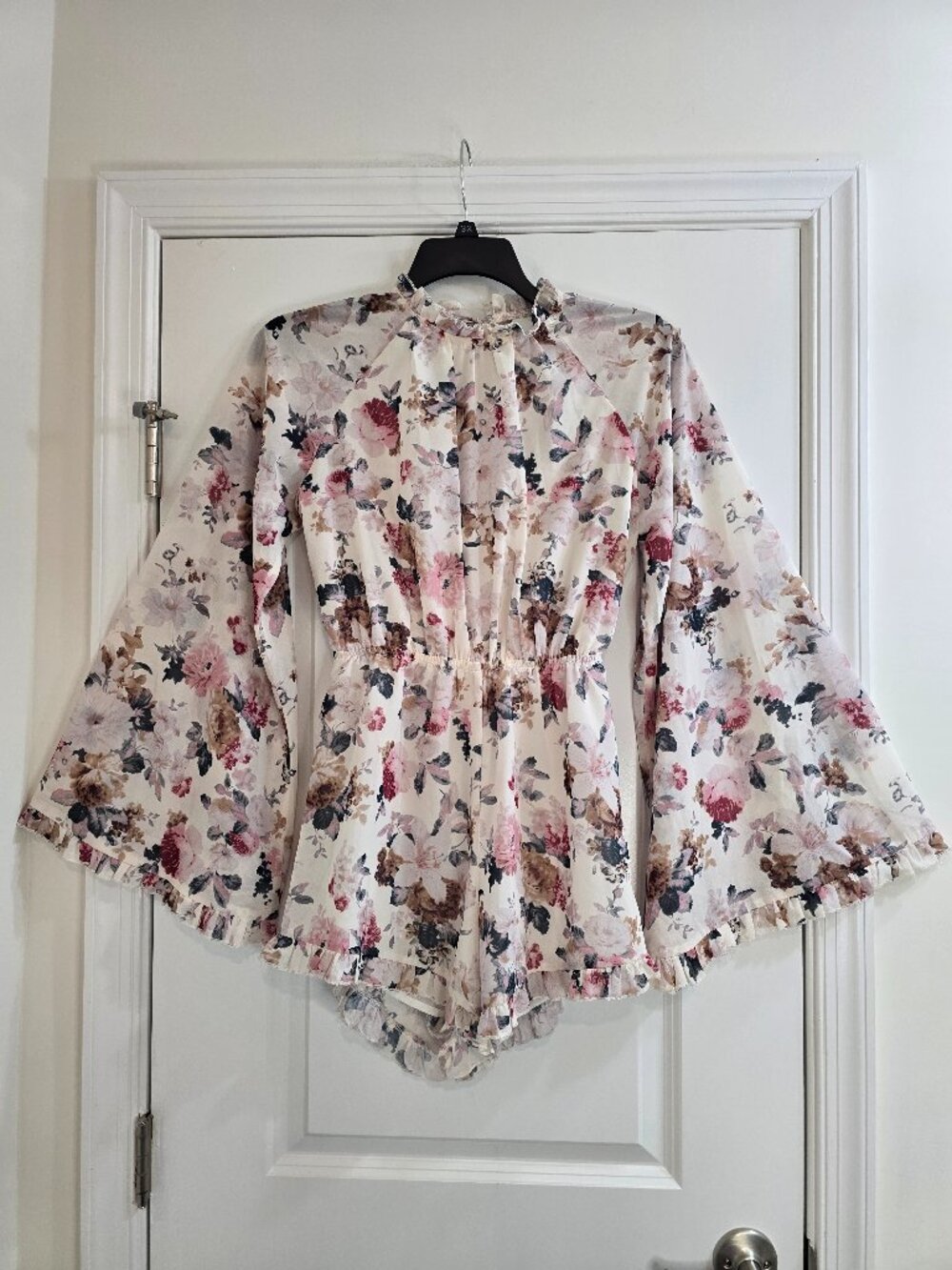 Shein Floral Open Back Romper With Long Bell Sleeves - Picture 2 of 10